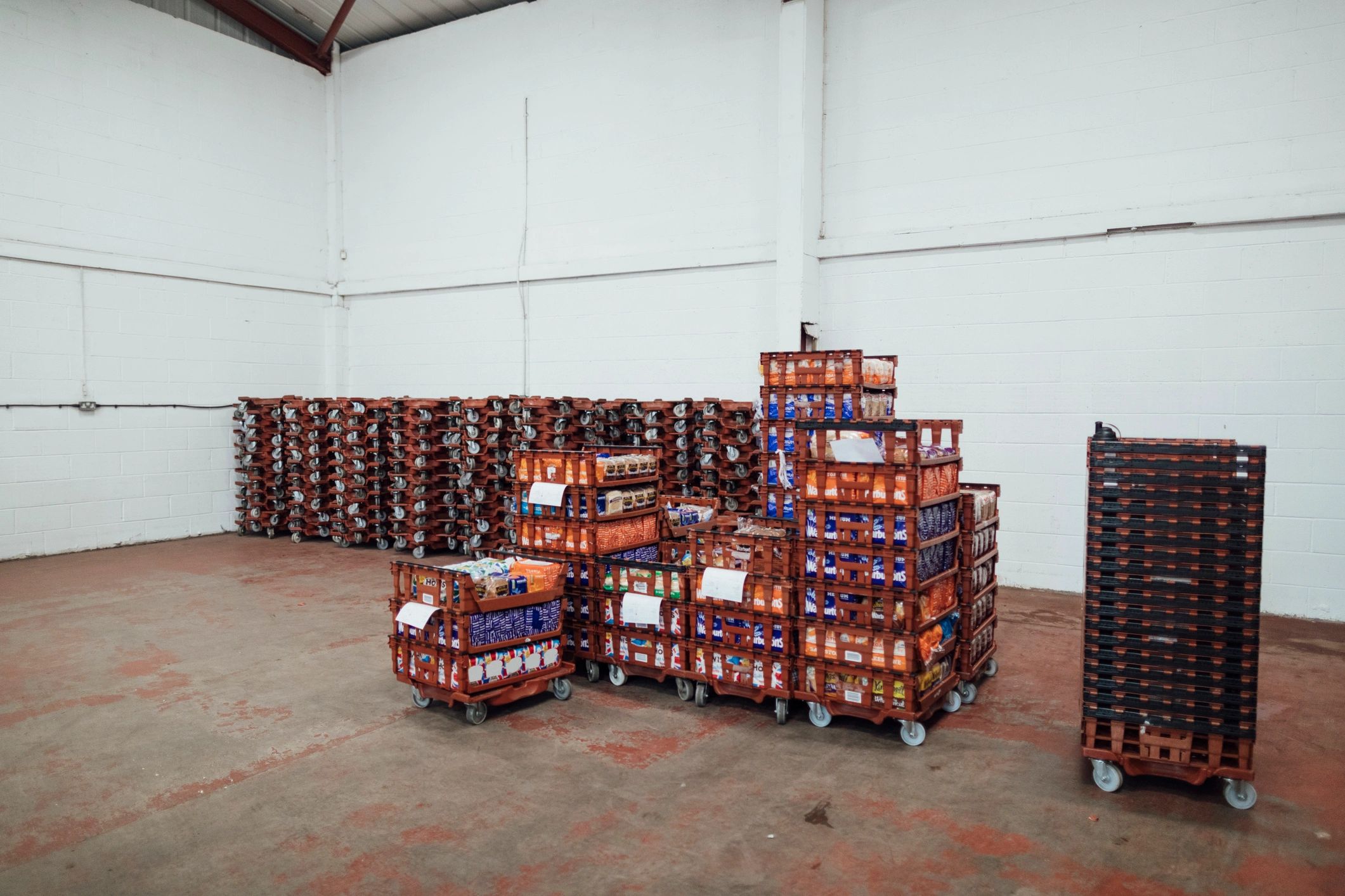 Palletized goods staged in a distribution warehouse