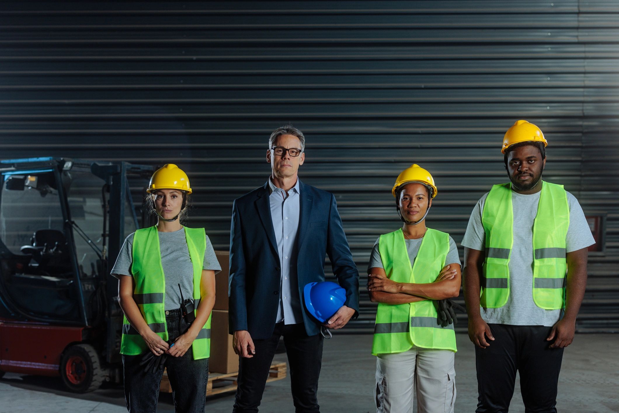 Industrial team posing in safety gear